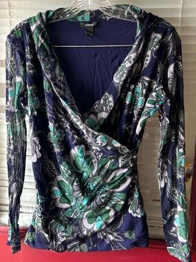 Alfani Navy Wrap Blouse with Teal & White Floral Paisley